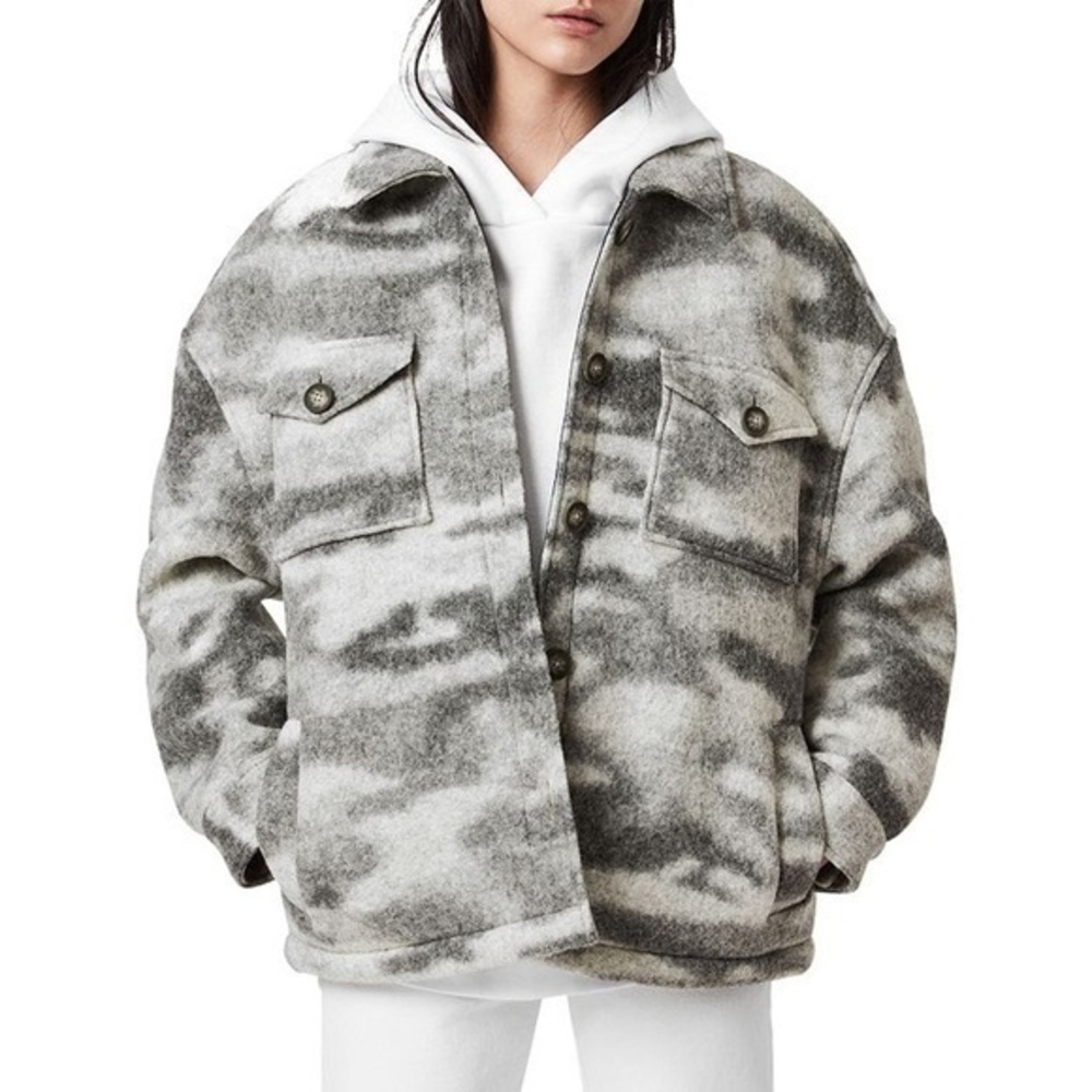 AllSaints Fenix Wool Blend Gray Camouflage Button Long Jacket M (10)